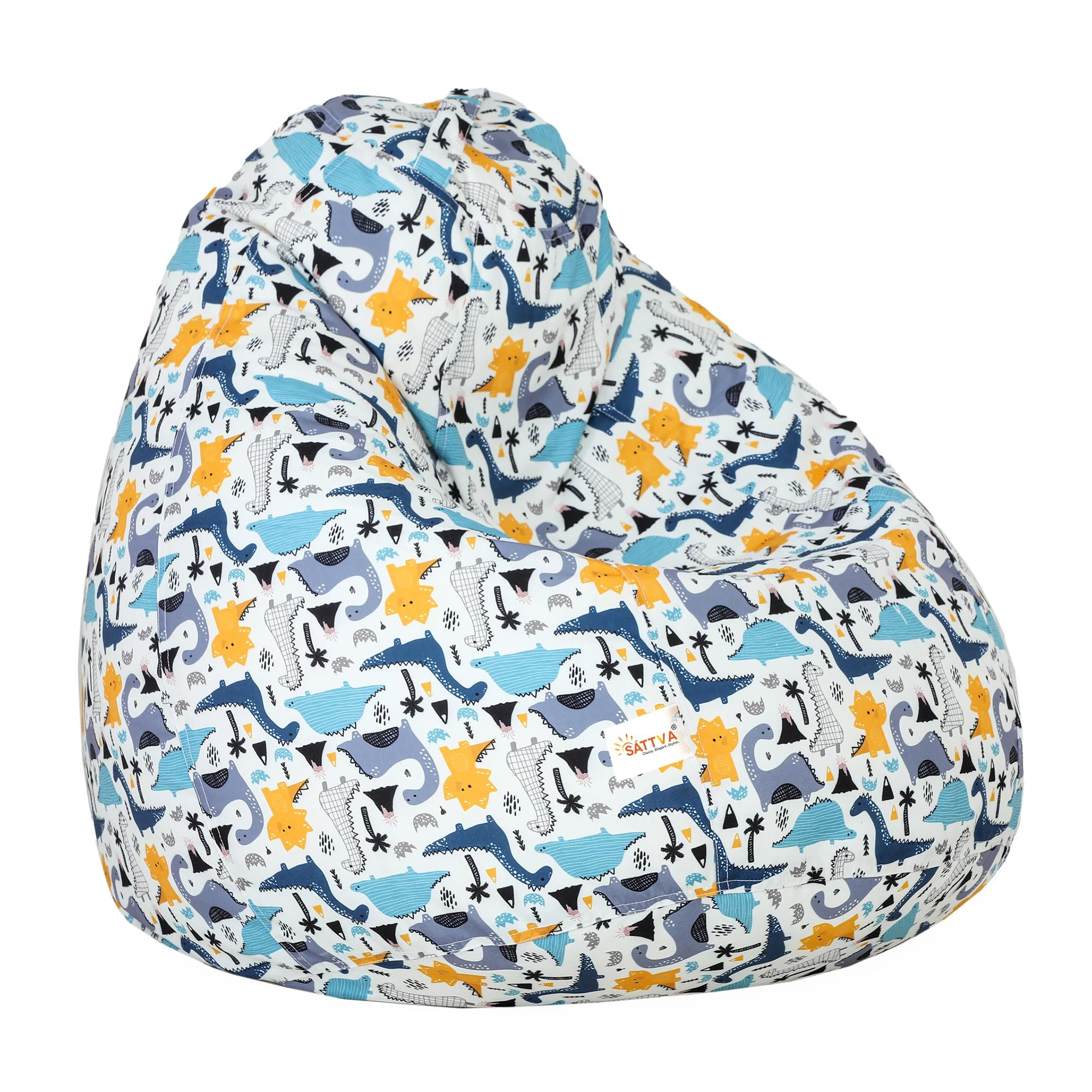 SATTVA Stuffed Animal Storage Bean Bag Chair for Kids, Zipper Storage Bean Bag for Organizing Stuffed Animals, Dinosaur Bean Bag Chair Cover, (No Beans)_White Dino Print