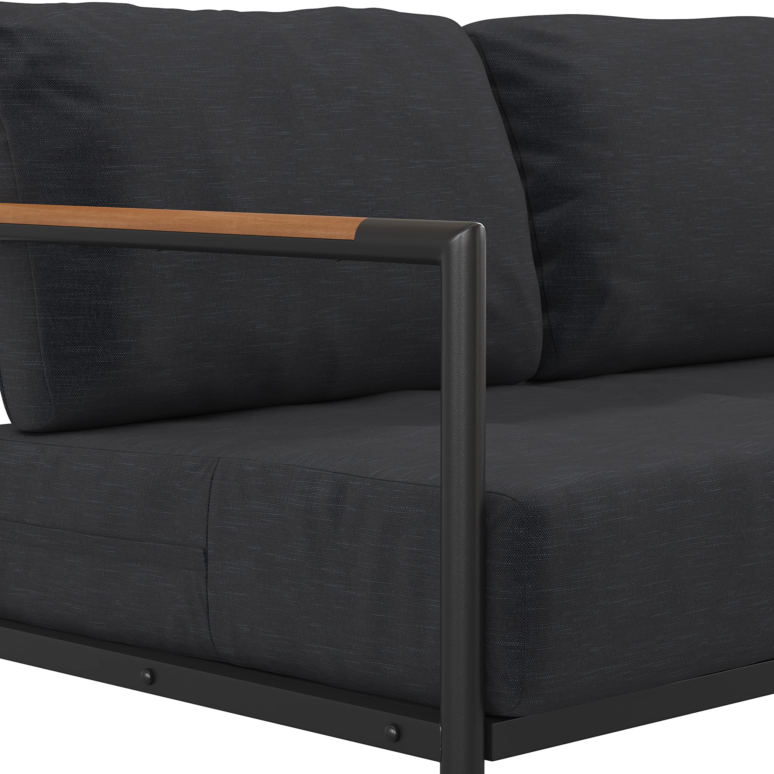 EMMA + OLIVER Black Aluminum Frame Loveseat with Teak Arm Accents and Charcoal Cushions