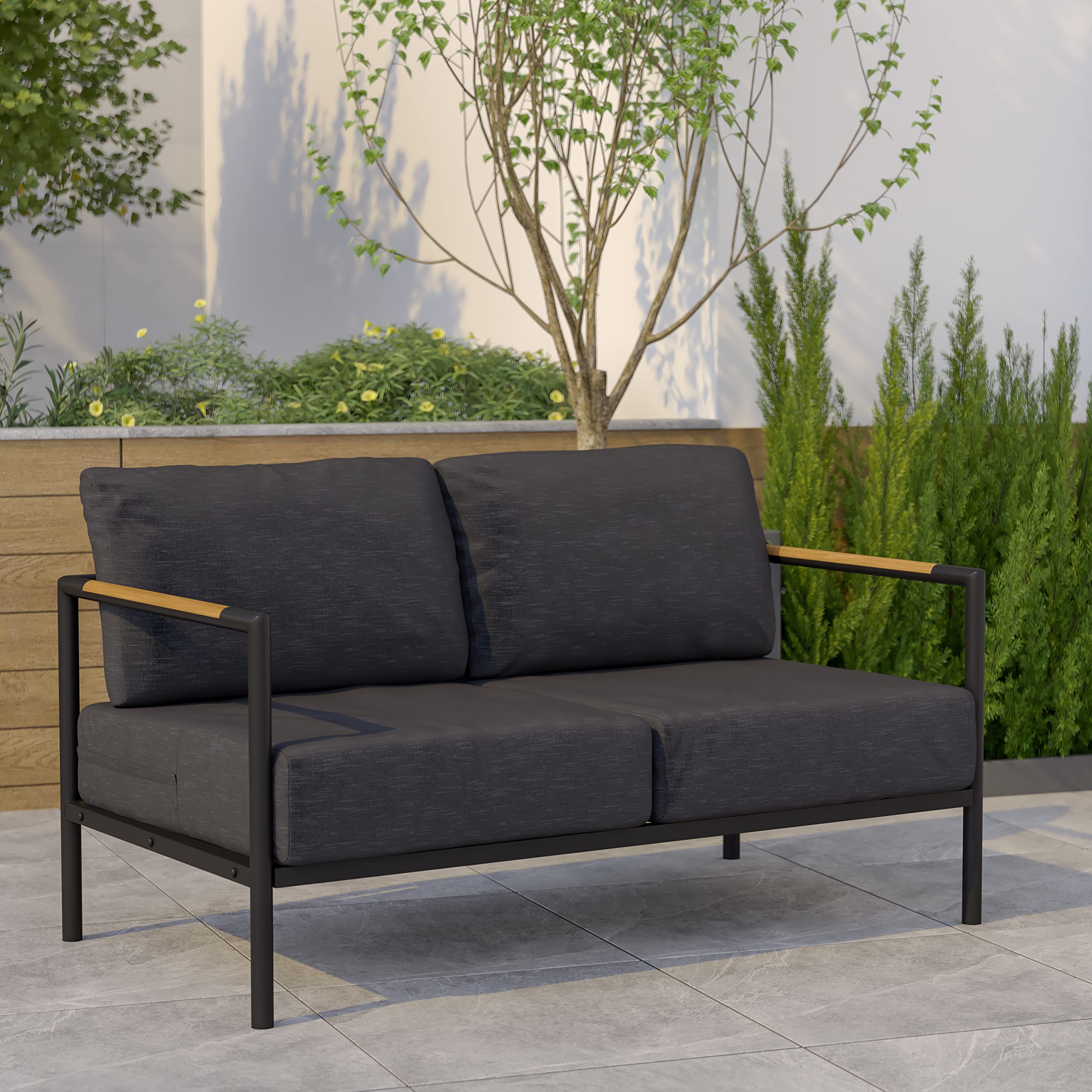 EMMA + OLIVER Black Aluminum Frame Loveseat with Teak Arm Accents and Charcoal Cushions