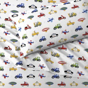 Dream Factory Kids Sheet Set Lightweight Microfiber Bed Sheets Super Soft Easy Wash Cozy Bedding 10” Pocket - Twin, Blue Trucks Tractors Cars