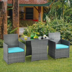 HAPPYGRILL 3-Pieces Outdoor Wicker Bistro Set Space-Saving PE Rattan Dining Table Set with Cushioned Chairs, Patio Conversation Set for Backyard Porch Garden and Poolside