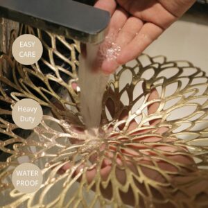 Snowkingdom Pairs of 18 Gold Metallic Round Placemats & Coasters 36 PCS Matching, Bulk Round Pressed Vinyl Leaf Dinning Kitchen Table Mats Decoration for Christmas Wedding Thanksgiving Party