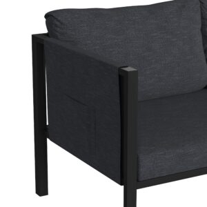 Flash Furniture Lea Indoor/Outdoor Loveseat with Cushions - Modern Steel Framed Chair with Storage Pockets, Black with Charcoal Cushions