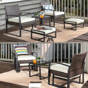 PatioFestival Patio Conversation Set 5 Pieces Outdoor Wicker Furniture Sets Chairs with Ottoman 3.1" Thickness Cushions (Beige)