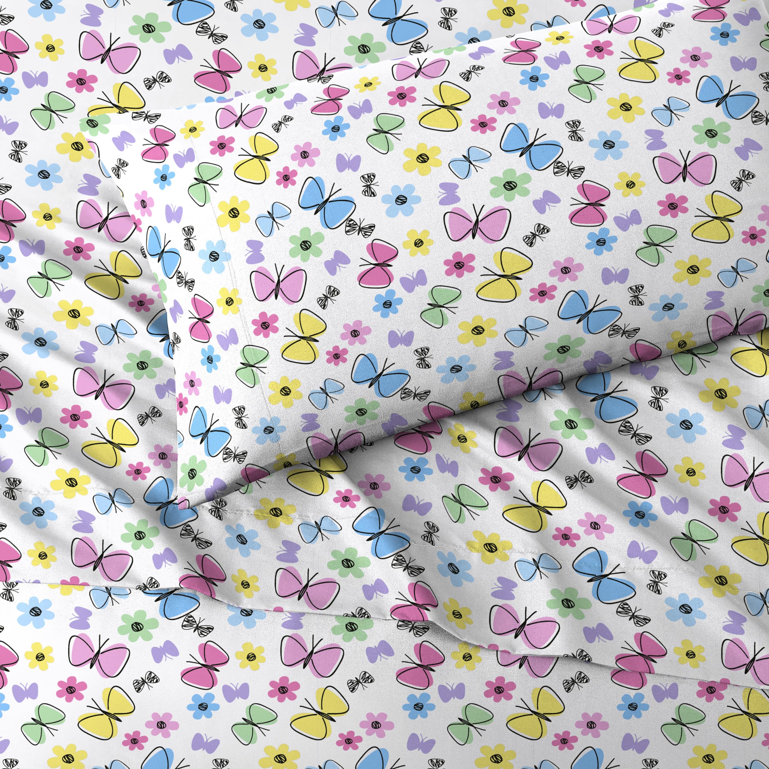 Dream Factory Kids Sheet Set Lightweight Microfiber Bed Sheets Super Soft Easy Wash Cozy Bedding 10” Pocket - Full, Purple Sweet Butterfly