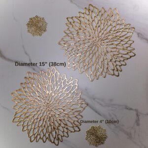 Snowkingdom Pairs of 18 Gold Metallic Round Placemats & Coasters 36 PCS Matching, Bulk Round Pressed Vinyl Leaf Dinning Kitchen Table Mats Decoration for Christmas Wedding Thanksgiving Party