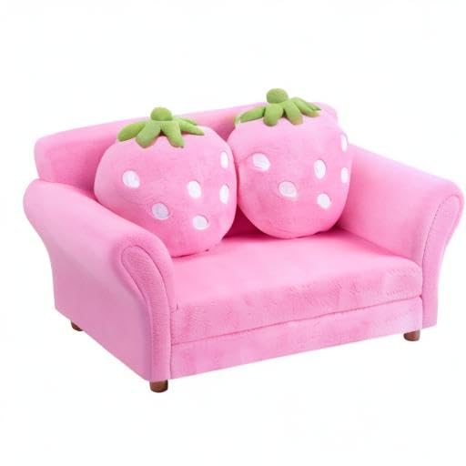 Fireflowery Kids Sofa, Children Upholstered Loveseat Lounge Bed w/ 2 Cute Strawberry Pillows, Children Couch Armrest, Double Seat Kid Sofa for Playroom Bedroom Living Room Baby Room, Pink