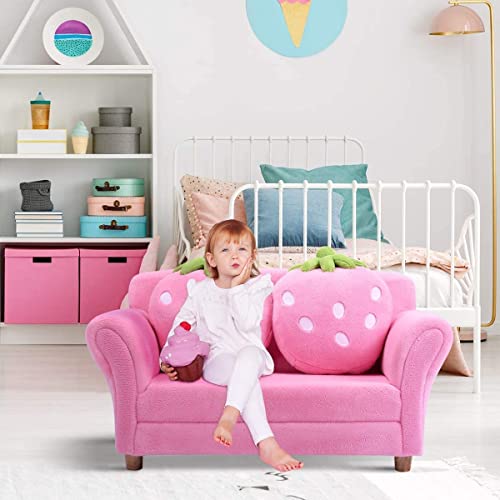 Fireflowery Kids Sofa, Children Upholstered Loveseat Lounge Bed w/ 2 Cute Strawberry Pillows, Children Couch Armrest, Double Seat Kid Sofa for Playroom Bedroom Living Room Baby Room, Pink