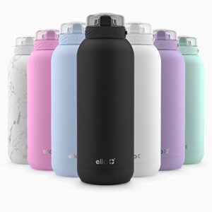 ello cooper 32oz stainless steel water bottle with straw and carry handle, double walled and vacuum insulated metal, leak proof locking lid with soft silicone spout, reusable, bpa free, black