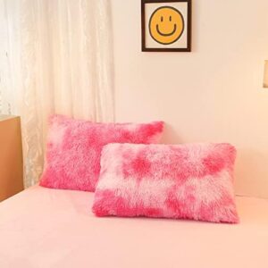 Jameswish Shaggy Plush Duvet Cover Set Super Soft Fluffy Faux Fur Comforter Cover Set Luxury Fuzzy Bedding Set 3 Piece(1Duvet Cover+2Pillowcases) with Zipper Closure(Full Size,Pink White Ombre)