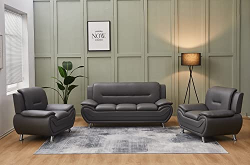 Kingway Faux Leather Living Room Sofas, 3 SEAT, Gray