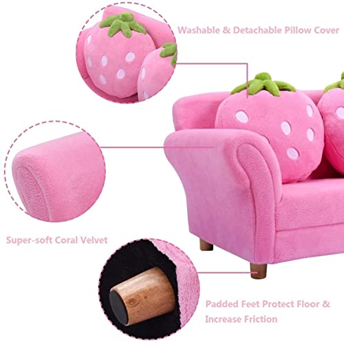 Fireflowery Kids Sofa, Children Upholstered Loveseat Lounge Bed w/ 2 Cute Strawberry Pillows, Children Couch Armrest, Double Seat Kid Sofa for Playroom Bedroom Living Room Baby Room, Pink