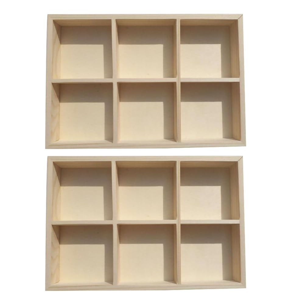 Wakauto 2Pcs Wooden Storage Divider Box Showcase Display Box 6 Grid Wood Organization Tray Desk Display Crafts Holder for Art Supplies Organizer