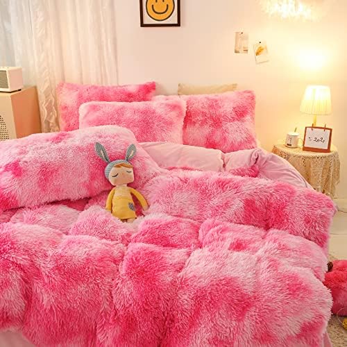 Jameswish Shaggy Plush Duvet Cover Set Super Soft Fluffy Faux Fur Comforter Cover Set Luxury Fuzzy Bedding Set 3 Piece(1Duvet Cover+2Pillowcases) with Zipper Closure(Full Size,Pink White Ombre)