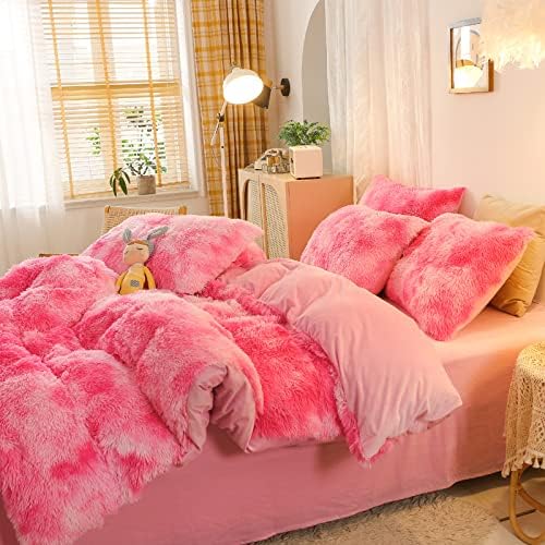 Jameswish Shaggy Plush Duvet Cover Set Super Soft Fluffy Faux Fur Comforter Cover Set Luxury Fuzzy Bedding Set 3 Piece(1Duvet Cover+2Pillowcases) with Zipper Closure(Full Size,Pink White Ombre)