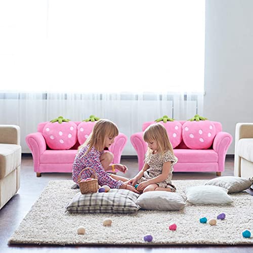 Fireflowery Kids Sofa, Children Upholstered Loveseat Lounge Bed w/ 2 Cute Strawberry Pillows, Children Couch Armrest, Double Seat Kid Sofa for Playroom Bedroom Living Room Baby Room, Pink