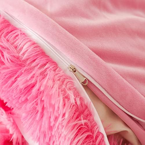 Jameswish Shaggy Plush Duvet Cover Set Super Soft Fluffy Faux Fur Comforter Cover Set Luxury Fuzzy Bedding Set 3 Piece(1Duvet Cover+2Pillowcases) with Zipper Closure(Full Size,Pink White Ombre)