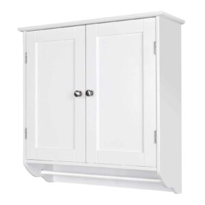 somy bathroom wall cabinet, over the toilet space saver storage medicine cabinet with 2 doors cupboard adjustable shelf and towels bar, white