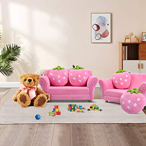 Fireflowery Kids Sofa, Children Upholstered Loveseat Lounge Bed w/ 2 Cute Strawberry Pillows, Children Couch Armrest, Double Seat Kid Sofa for Playroom Bedroom Living Room Baby Room, Pink