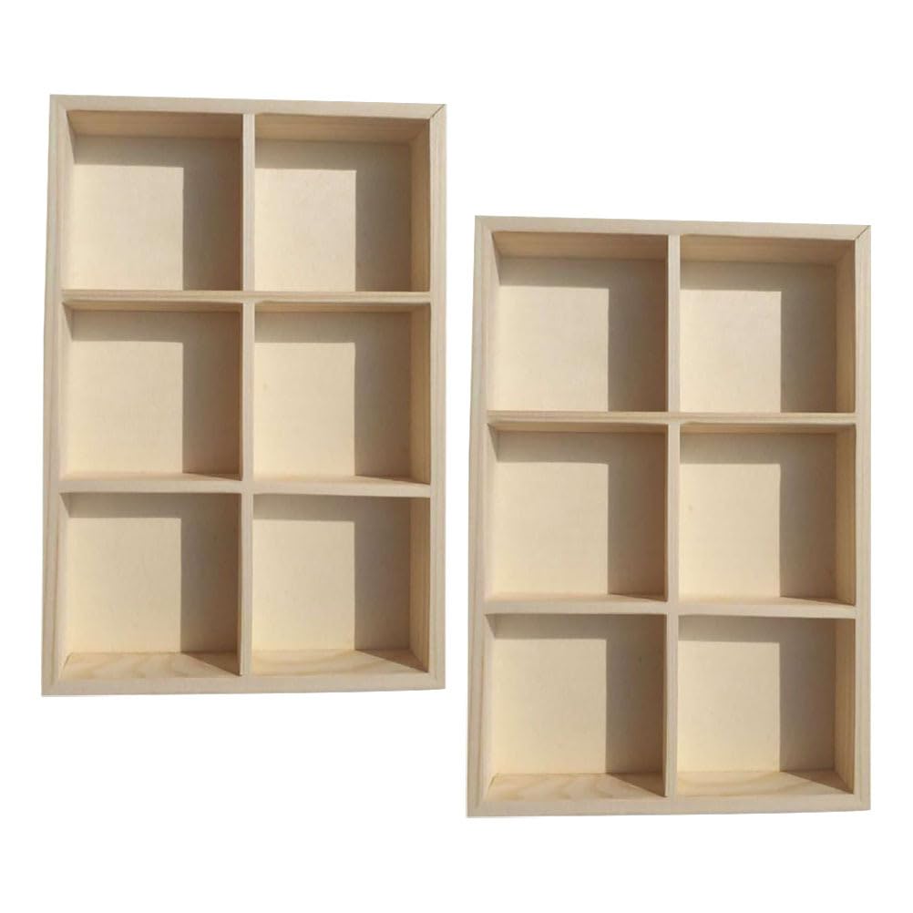 Wakauto 2Pcs Wooden Storage Divider Box Showcase Display Box 6 Grid Wood Organization Tray Desk Display Crafts Holder for Art Supplies Organizer