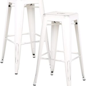 AC Pacific Backless Metal Barstools, Modern Industrial Light Weight Stackable Counter Height Bar Stools Set of 2 for Indoor and Outdoor Use, 30" High, Distressed Snow White