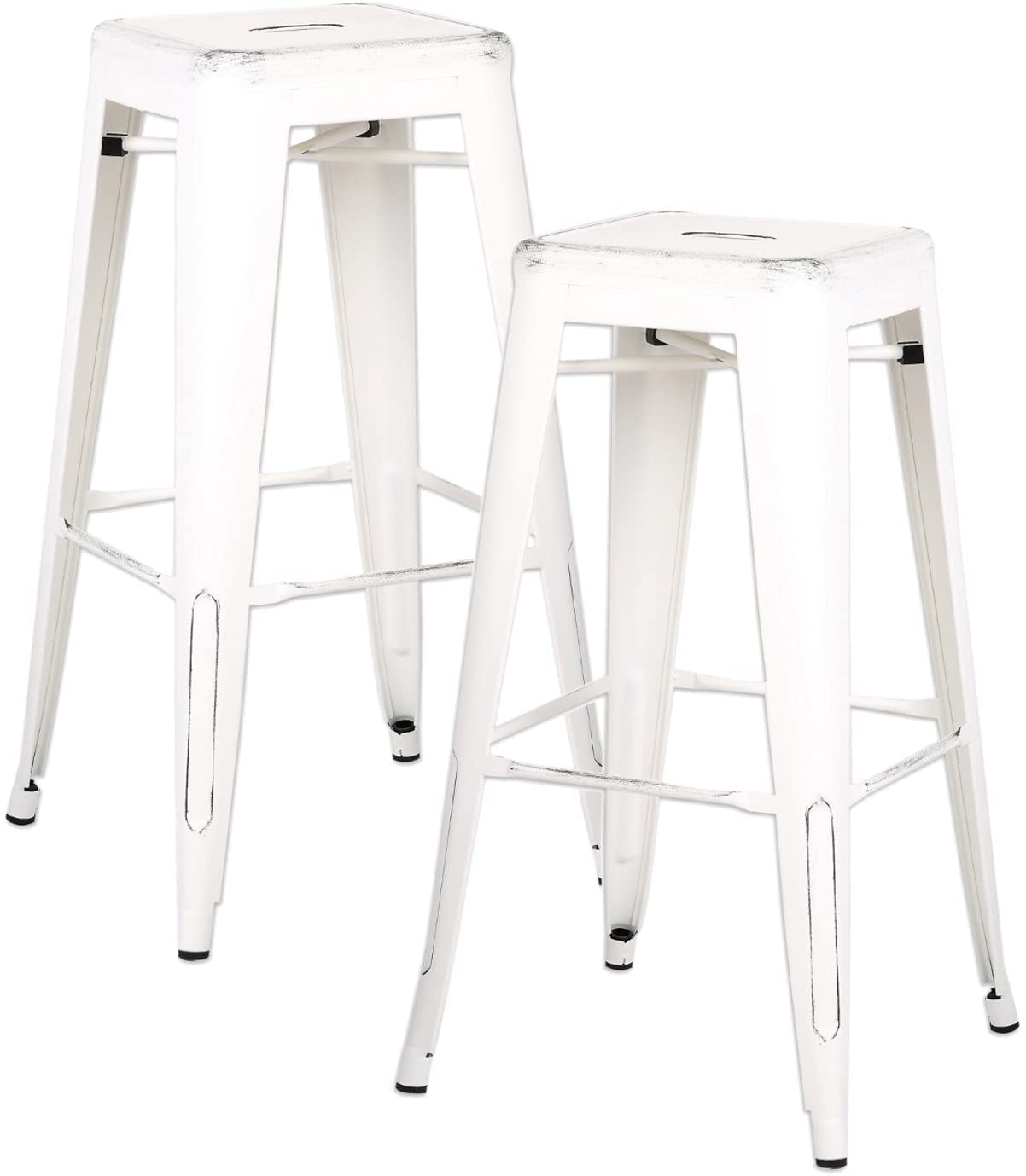 AC Pacific Backless Metal Barstools, Modern Industrial Light Weight Stackable Counter Height Bar Stools Set of 2 for Indoor and Outdoor Use, 30" High, Distressed Snow White