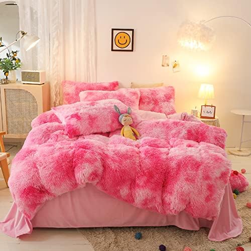 Jameswish Shaggy Plush Duvet Cover Set Super Soft Fluffy Faux Fur Comforter Cover Set Luxury Fuzzy Bedding Set 3 Piece(1Duvet Cover+2Pillowcases) with Zipper Closure(Full Size,Pink White Ombre)