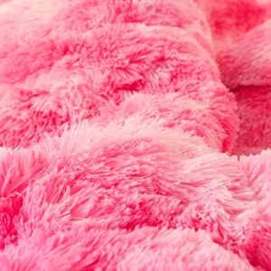 Jameswish Shaggy Plush Duvet Cover Set Super Soft Fluffy Faux Fur Comforter Cover Set Luxury Fuzzy Bedding Set 3 Piece(1Duvet Cover+2Pillowcases) with Zipper Closure(Full Size,Pink White Ombre)