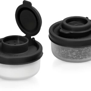 SIGNORAWARE Salt and Pepper Shakers Moisture Proof Set of 2 Small Mini Salt Shaker to go Camping Picnic Outdoors Kitchen Lunch Boxes Travel Spice set Clear with Black Covers Plastic Airtight Dispenser