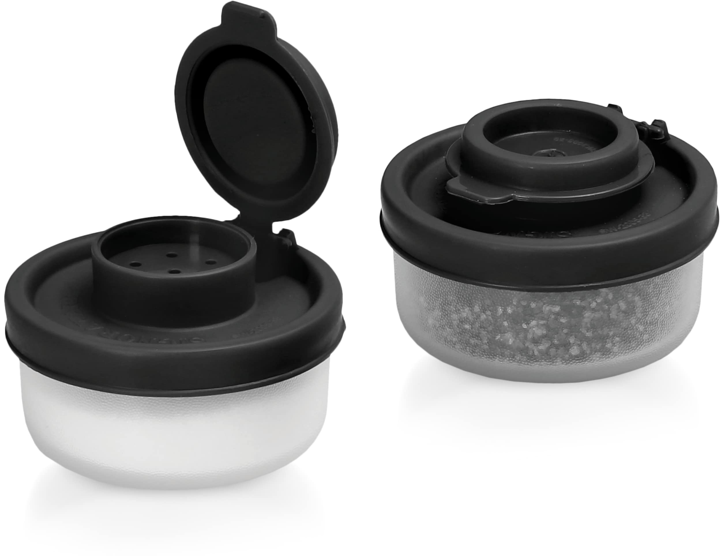 SIGNORAWARE Salt and Pepper Shakers Moisture Proof Set of 2 Small Mini Salt Shaker to go Camping Picnic Outdoors Kitchen Lunch Boxes Travel Spice set Clear with Black Covers Plastic Airtight Dispenser