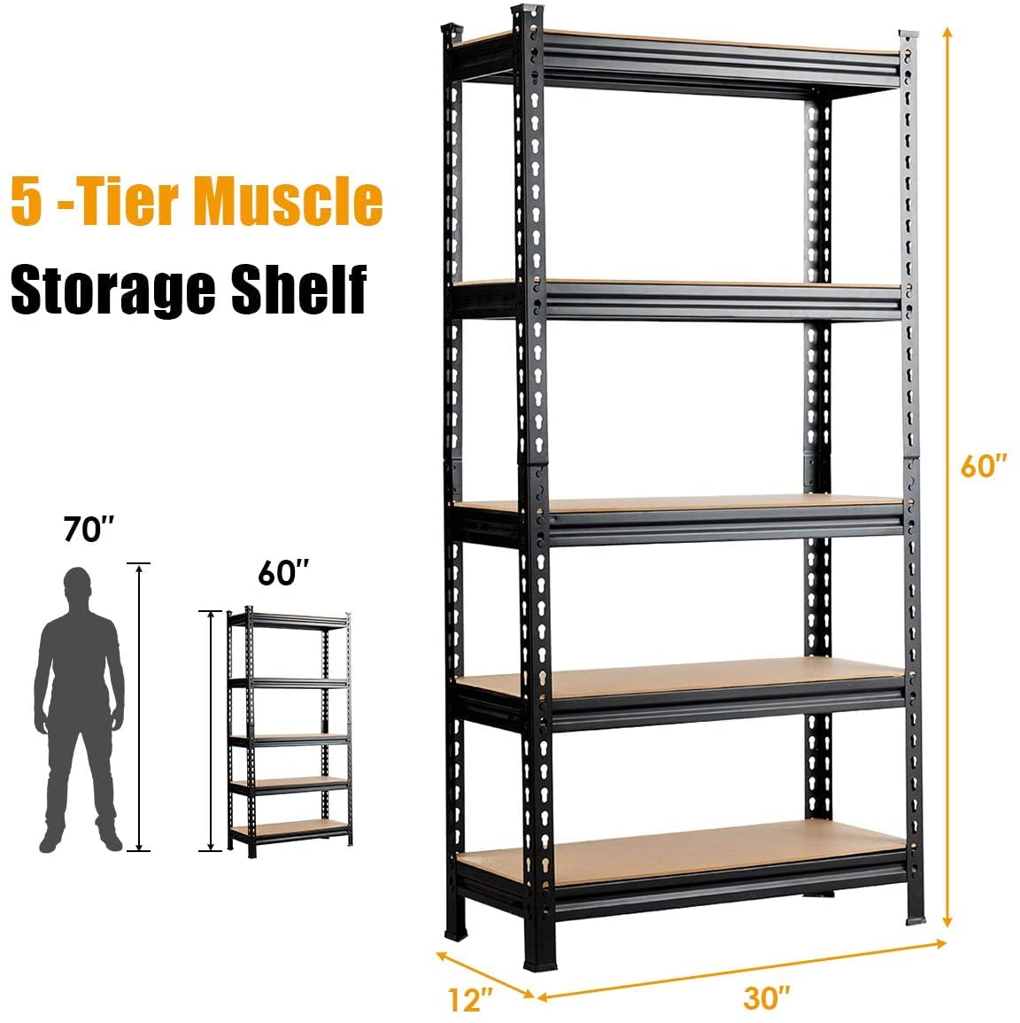 LDAILY 5-Tier Storage Rack, Heavy Duty Steel Shelf Unit with Adjustable Shelves, Boltless Shelving for Free Combination, 60" Commercial Garage Rack Unit (1, Black)