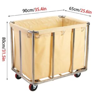 Commercial Laundry Cart with Wheels, 11.35 Bushels Large Laundry Roller with Removable Waterproof Canvas Lined Basket, Heavy Duty Stainless Steel Laundry Basket for Hotels and Hospitals