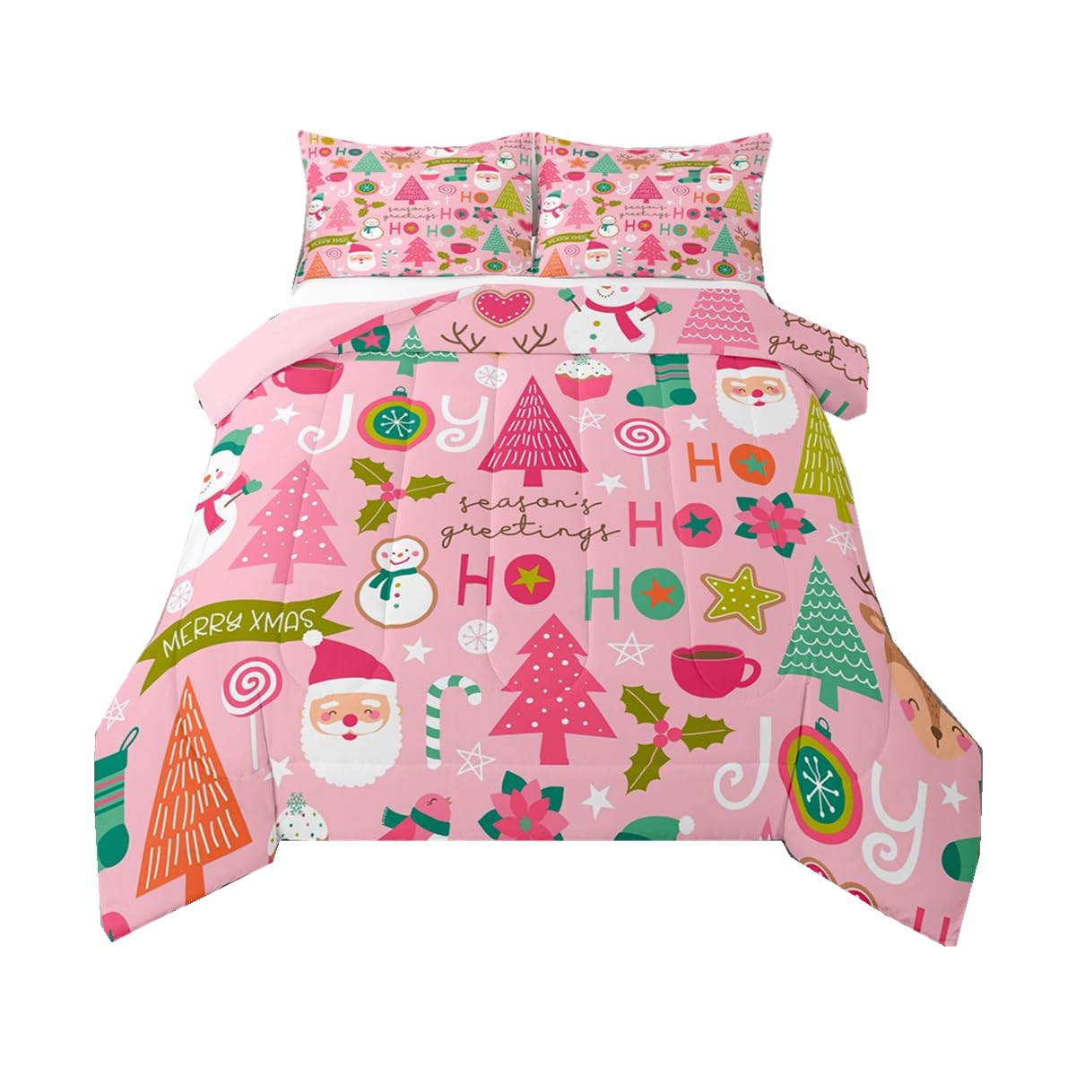 Erosebridal Pink Christmas Comforter Set, Cartoon Santa Claus Bedding Set Full Size for Kids Boys Girls Women, Snowman Pine Duvet Sets Christmas Tree Cute Deer Down Comforter Xmas Decor,2 Pillowcases