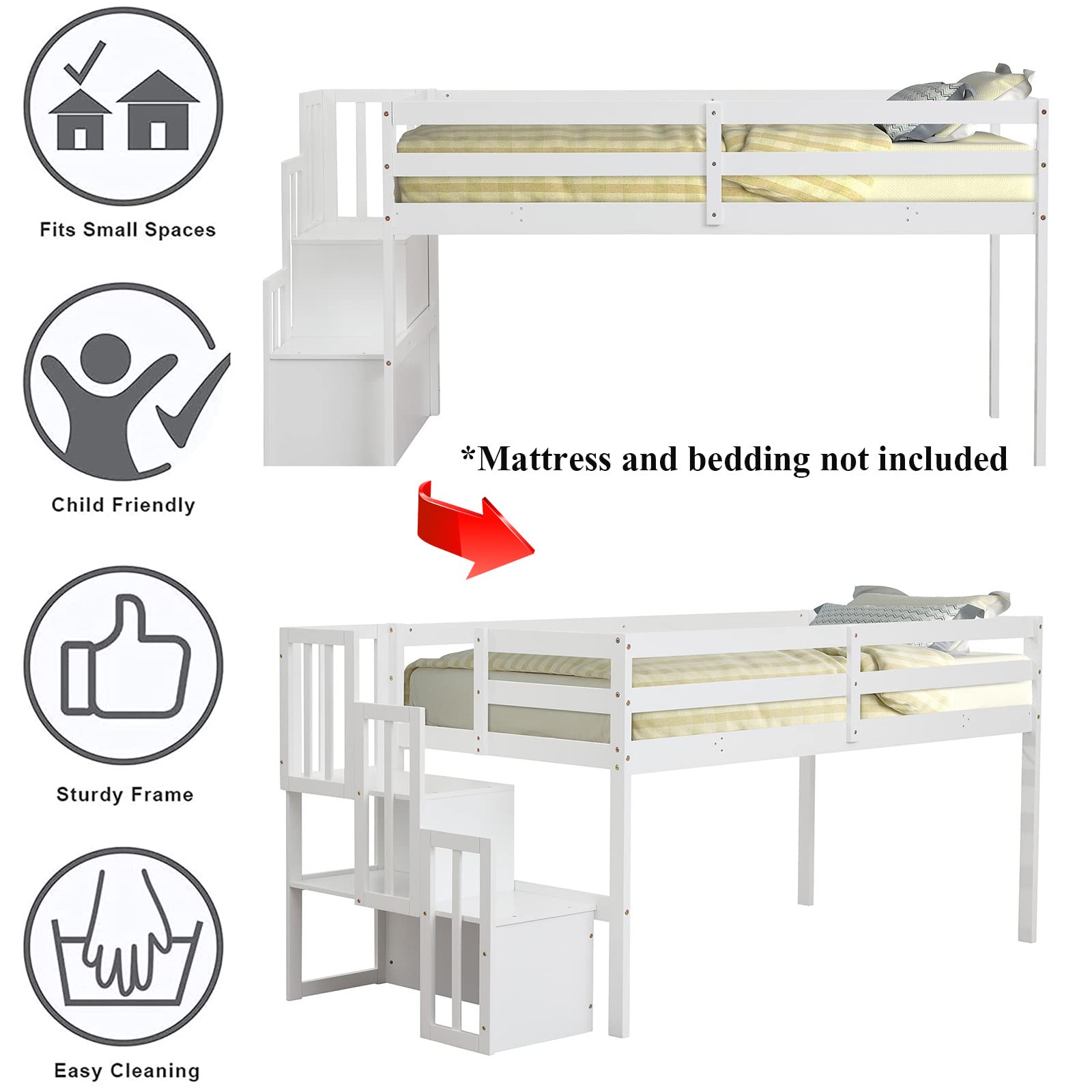 CITYLIGHT Low Loft Bed with Staircase,Twin Size Kids Loft Bed with Step Storage,Wood Loft Bed Frame Twin with Safety Guardrails for Girls, Boys,White