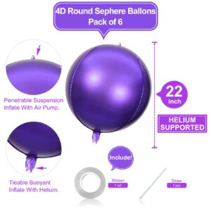 6 Pack Purple 22 Inch 4D Foil Balloons Big 360 Degree Round Sephere Mylar Balloons Mirror Finish Metallic Balloons for Wedding,Birthday,Bachelorette,Baby Shower Decorations Party Supplies