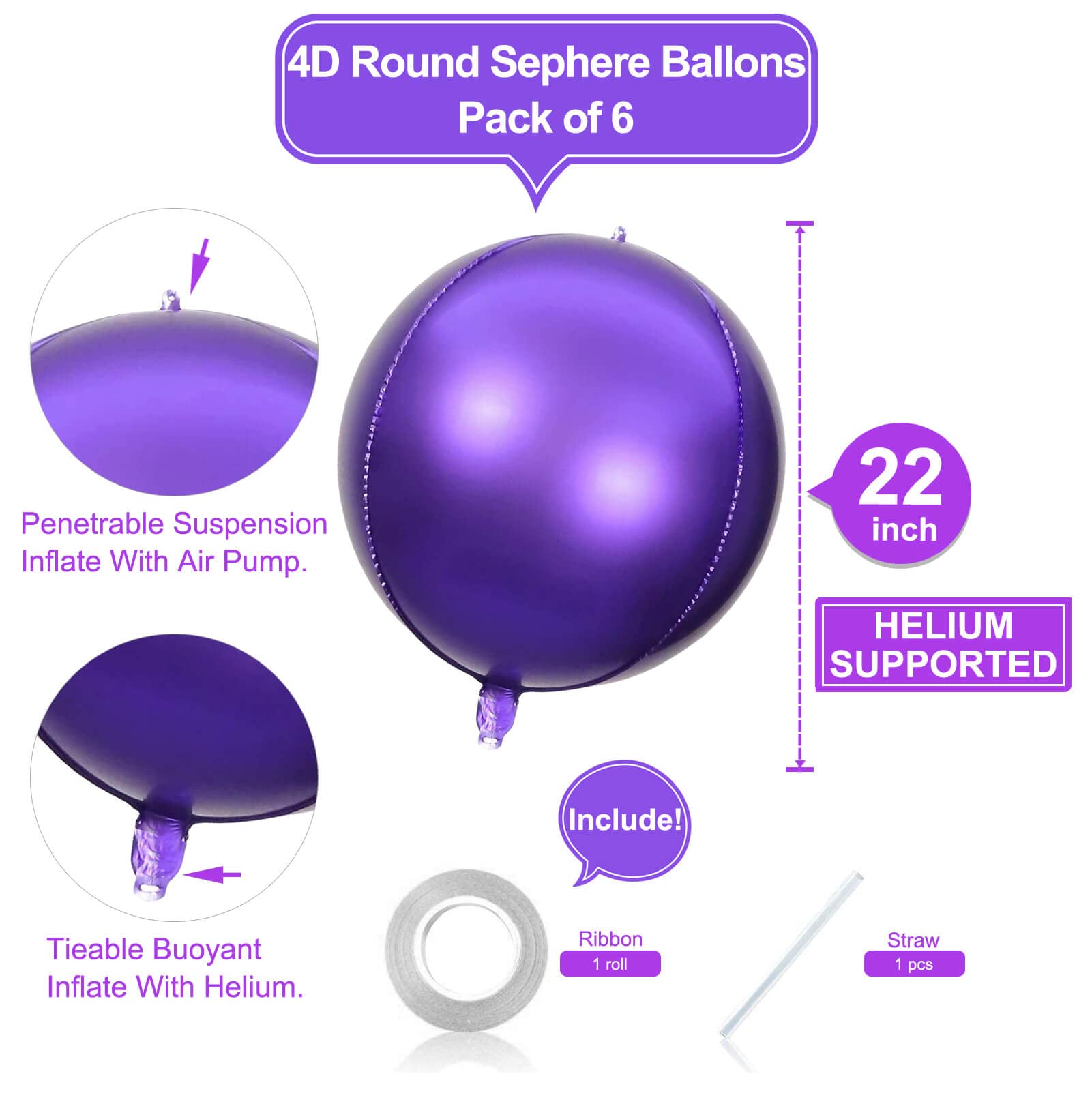 6 Pack Purple 22 Inch 4D Foil Balloons Big 360 Degree Round Sephere Mylar Balloons Mirror Finish Metallic Balloons for Wedding,Birthday,Bachelorette,Baby Shower Decorations Party Supplies