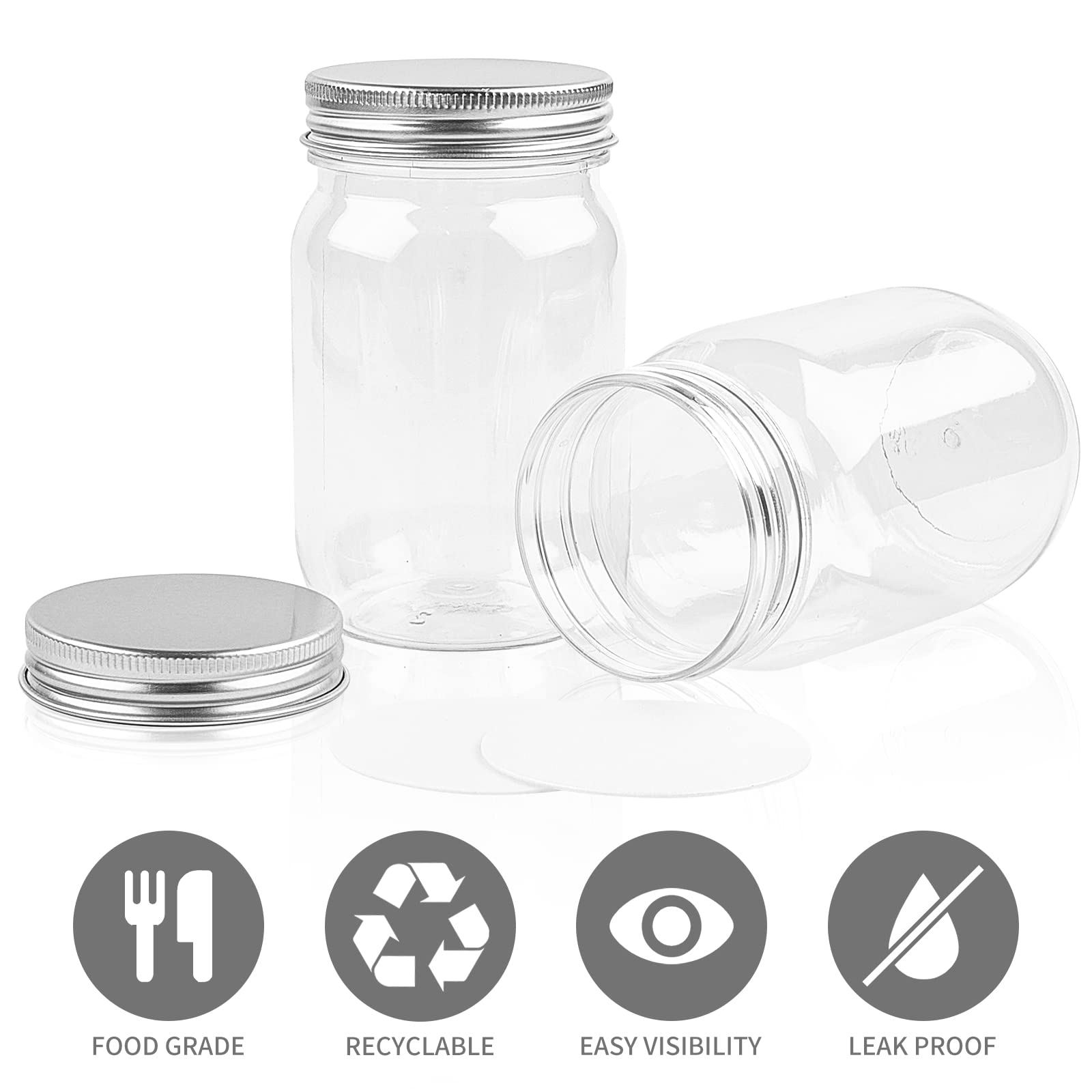 TUZAZO 8 Ounce Clear Plastic Mason Jars Containers With Screw On Lids - Refillable Round Empty Plastic Slime Storage Containers for Kitchen & Household Storage - BPA Free (12 Pack)