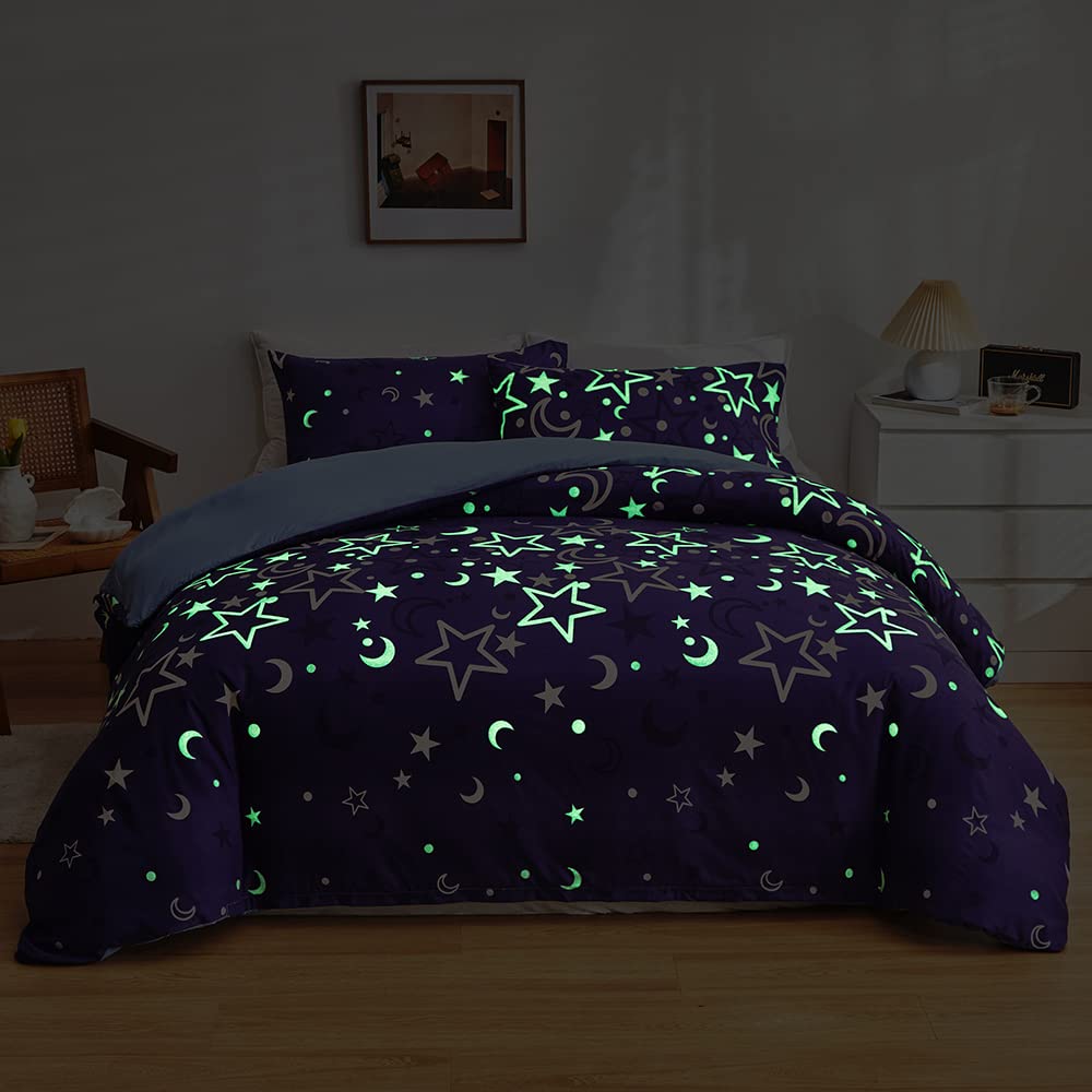 Feelyou Galaxy Glow in The Dark Duvet Cover for Girls Kids Queen Purple Universe Starry Night Bedding Set Super Soft Outer Space Stars Moon Comforter Cover Set Girl Bedroom Glow Decor Bedspread Cover