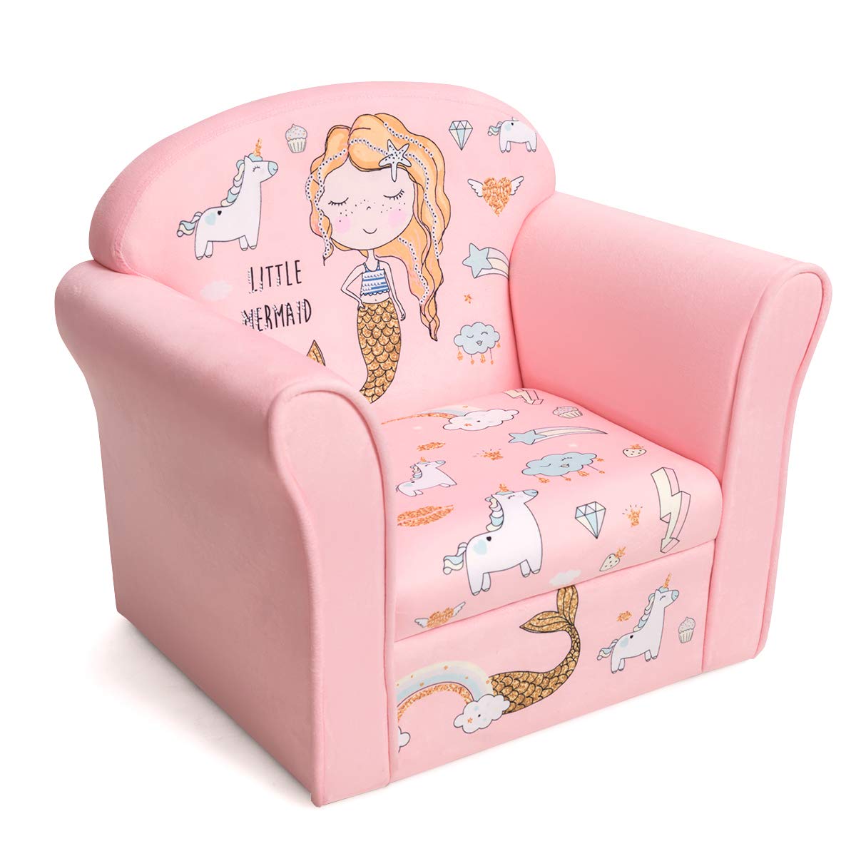 Fireflowery Kid's Sofa, Children Armrest Chair w/Cartoon Pattern & High Back, High-Resilience Sponge Cushion, Lightweight Toddler Furniture for Girls (Pink, Mermaid)