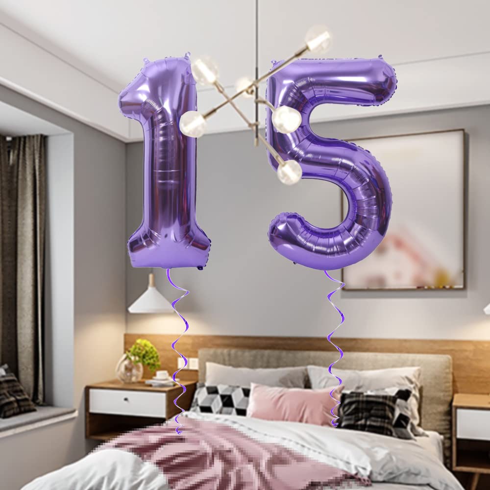 Maigendoo Jumbo 15 Number Balloon 40 Inch Large Digit Balloons Huge Helium Balloon Foil Mylar Balloon with Swirl Decorations for 15th Birthday Party Graduation Celebration Anniversary Event, Purple