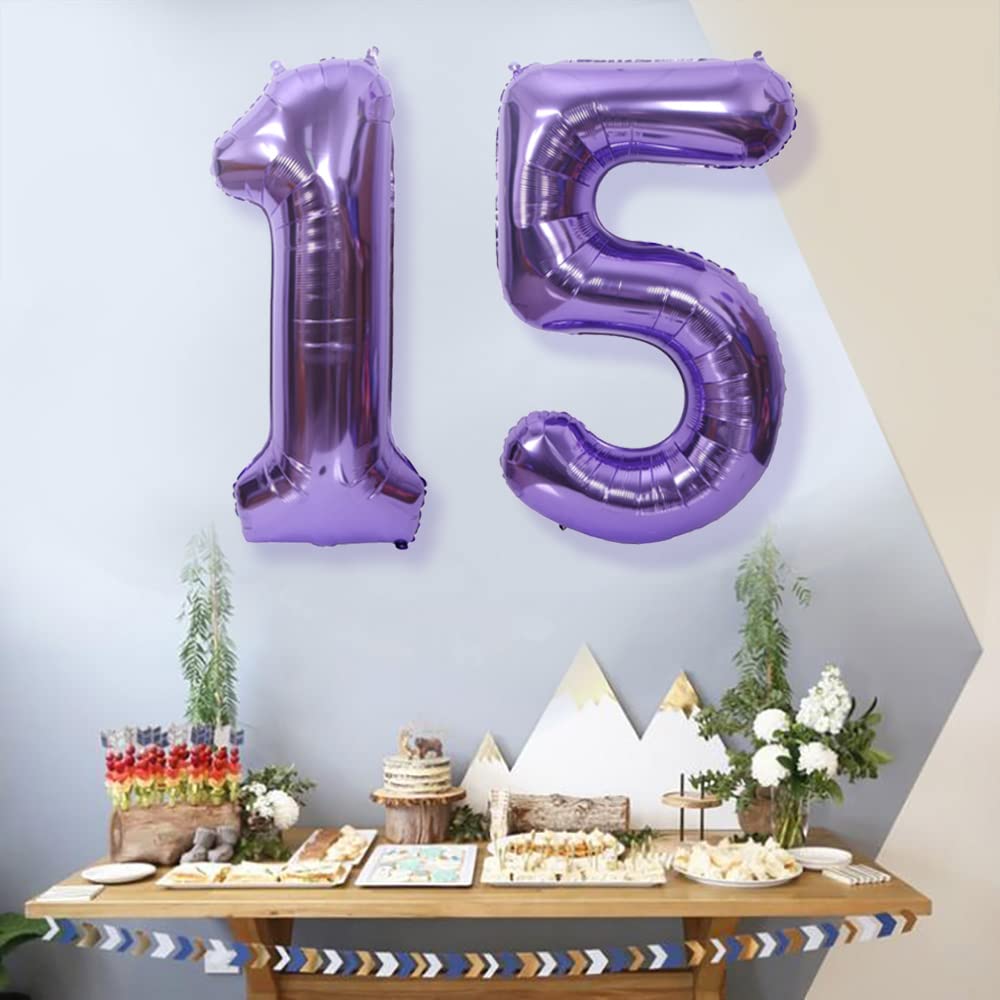 Maigendoo Jumbo 15 Number Balloon 40 Inch Large Digit Balloons Huge Helium Balloon Foil Mylar Balloon with Swirl Decorations for 15th Birthday Party Graduation Celebration Anniversary Event, Purple