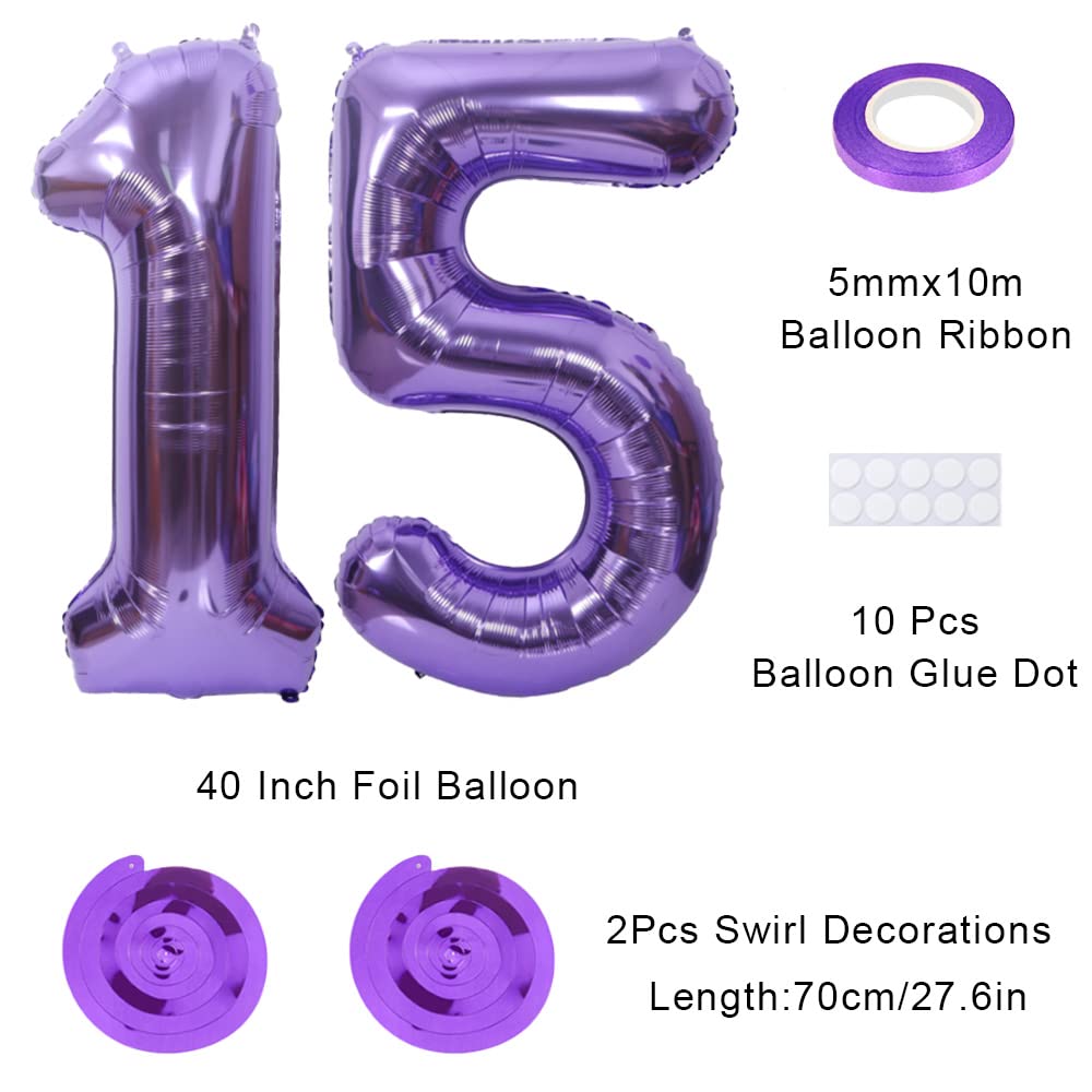 Maigendoo Jumbo 15 Number Balloon 40 Inch Large Digit Balloons Huge Helium Balloon Foil Mylar Balloon with Swirl Decorations for 15th Birthday Party Graduation Celebration Anniversary Event, Purple