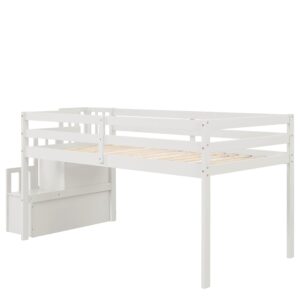 CITYLIGHT Low Loft Bed with Staircase,Twin Size Kids Loft Bed with Step Storage,Wood Loft Bed Frame Twin with Safety Guardrails for Girls, Boys,White