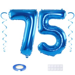 maigendoo jumbo 75 number balloon 40 inch large digit balloons huge helium balloon foil mylar balloon with swirl decorations for 75th birthday party graduation celebration anniversary event, blue