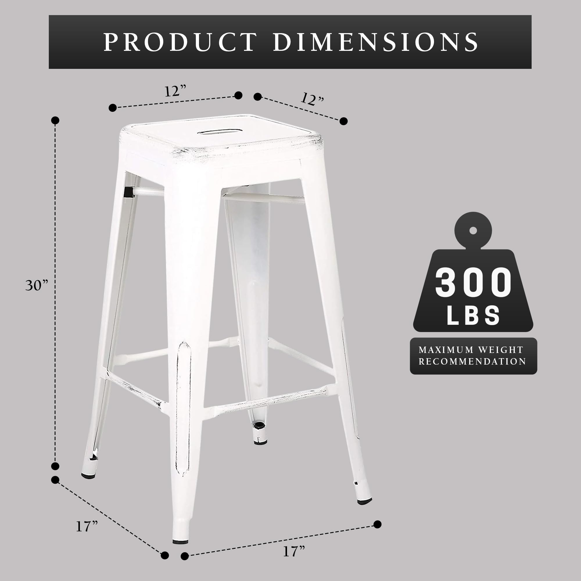 AC Pacific Backless Metal Barstools, Modern Industrial Light Weight Stackable Counter Height Bar Stools Set of 2 for Indoor and Outdoor Use, 30" High, Distressed Snow White