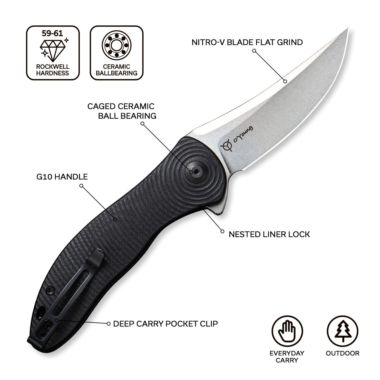 CIVIVI Pocket Folding Knife For EDC, 3.24" Nitro-V Stonewashed Trailing Point Blade, Jim O’Young Synergy 3 Liner Lock Knife C20075A-1