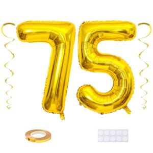 maigendoo jumbo 75 number balloon 40 inch large digit balloons huge helium balloon foil mylar balloon with swirl decorations for 75th birthday party graduation celebration anniversary event, gold