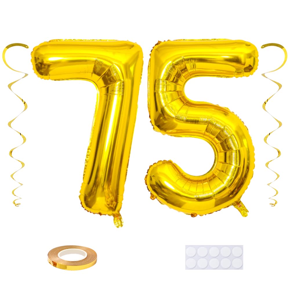 Maigendoo Jumbo 75 Number Balloon 40 Inch Large Digit Balloons Huge Helium Balloon Foil Mylar Balloon with Swirl Decorations for 75th Birthday Party Graduation Celebration Anniversary Event, Gold