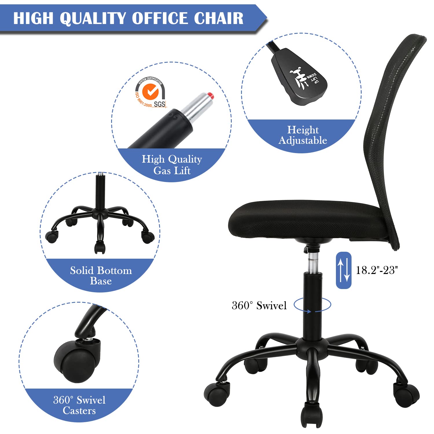 Small Office Chair, Armless Desk Chair with Wheels, Ergonomic Computer Chair with Lumbar Support, Mid Back Mesh Rolling Swivel Task Chair for Small Spaces Black