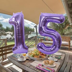 Maigendoo Jumbo 15 Number Balloon 40 Inch Large Digit Balloons Huge Helium Balloon Foil Mylar Balloon with Swirl Decorations for 15th Birthday Party Graduation Celebration Anniversary Event, Purple